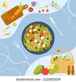 Greek salad recipe, Mediterranean diet. Green lettuce, sliced tomato and paprika, feta cheese on plate with fork and knife, fresh organic vegetables ingredients in basket flat vector illustration