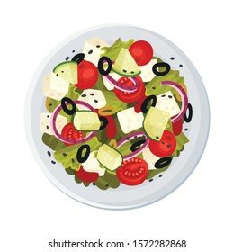 Greek Salad Served on Plate Top Viewed Vector Illustration