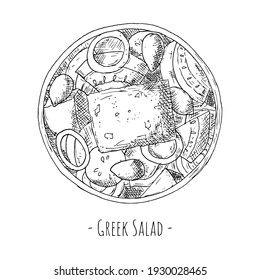 Greek salad. Top view. Vector illustration. isolated object on white. Hand-drawn style.