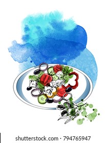 Greek Salad. Watercolor Vector Illustration