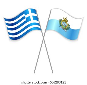 Greek and Sammarinese crossed flags. Greece combined with San Marino isolated on white. Language learning, international business or travel concept.