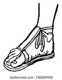 Greek Sandal has a vamp support, vintage line drawing or engraving illustration.