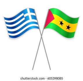 Greek and Sao Tomean crossed flags. Greece combined with Sao Tome and Principe isolated on white. Language learning, international business or travel concept.