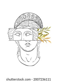 Greek sculpture with abstract and floral elements, vector isolated. Sculpture head woman