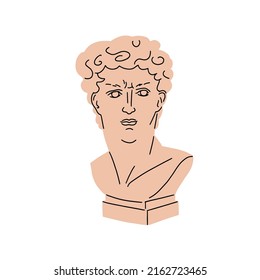 Greek sculpture drawn in modern style. Antique bust of David. Ancient Greece stone statue of man head, human face. Stylized classic art. Flat graphic vector illustration isolated on white background