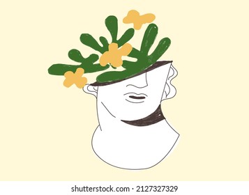 Greek sculpture with green mind, greece abstract contemporary statue. Matisse shape art. Creative positive ancient character. Organic leaf grow inside head. Positive mindset vector illustration