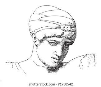 Greek sculpture head of Deidameia / vintage illustration from Meyers Konversations-Lexikon 1897