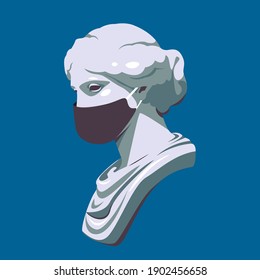 Greek sculpture with mask cartoon illustration. Antique head virus protection hand drawn banner design. Greek bust protected from flu and infections printing card