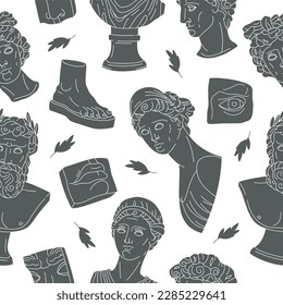 Greek sculpture seamless pattern. Classic marble heads and body parts, ancient greek gods sculptures flat vector background illustration. Antique endless design