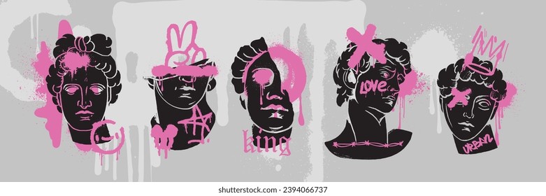 Greek sculpture urban set, vector ancient statue head, y2k graffiti fashion print goddess silhouette. Street contemporary grunge splatter, classic character face acid trendy pink logo. Greek sculpture