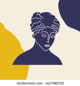 Greek sculpture vector illustration, postcard design template. Head of venus statue. 