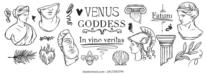 Griechische Skulptur y2k Tattoo Sketch Set, Vektorroman Goddess Statue Kopf doodle Zeichnen Tinte Schreib. Zeitgenössischer Mythologie-Antiquitätensticker-Kit, FrauenGesicht, Säule. Griechischer Skulpturenmodedruck