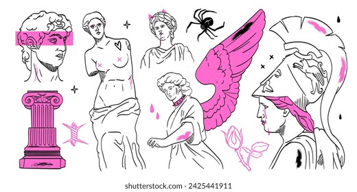 Greek sculpture y2k tattoo sketch set, roman anti design goddess and gods statue doodle drawing. Ink scribble tattoo art 1990s, 2000s. Contemporary mythology antique kit with emo gothic elements. 