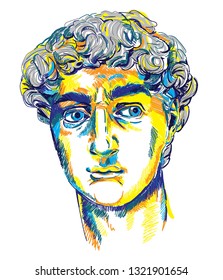 Greek sculpture young man. Greek statue Renewal, famous sculpture. Drawing markers, pop art. Stylish poster.