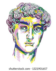 Greek sculpture young man. Greek statue Renewal, famous sculpture. Drawing markers, pop art. Stylish poster.