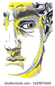 Greek sculpture young man. Greek statue Renewal, famous sculpture. Drawing markers, pop art. Stylish poster. The famous sculpture by Michelangelo.