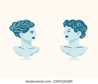 Greek sculptures. Busts of a man and a woman. Antique statues.
Illustration for social media, posters, invitation etc. Vector design. . Vector illustration