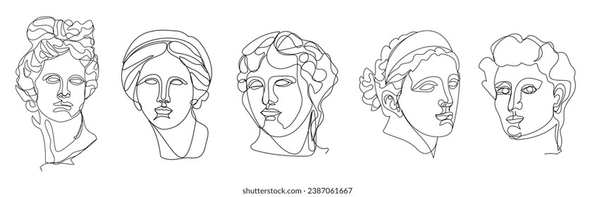 Greek sculptures. Vector set of one line art illustrations.
