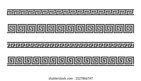 Greek seamless borders set. Vintage ornaments silhouettes isolated on white.