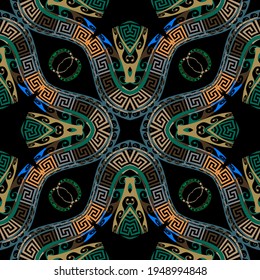 Greek seamless pattern. Abstract ornamental background. Vector ethnic tribal style backdrop. Repeat colorful ornaments. Geometric ornate trendy design with greek key, meanders, shapes, waves, curves.