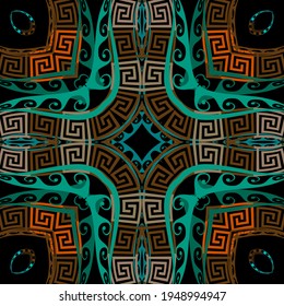 Greek seamless pattern. Abstract ornamental background. Vector ethnic greece style backdrop. Repeat colorful tribal ornaments. Geometric ornate trendy design with greek key, meanders, shapes, waves.