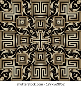 Greek seamless pattern. Abstract ornamental background. Vector ethnic style floral backdrop. Repeat golden tribal ornaments. Geometric trendy design with greek key, meanders, shapes, Paisley flowers.