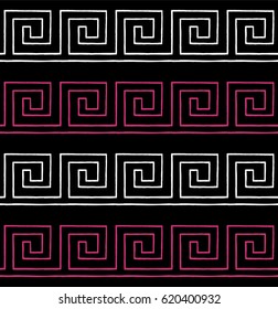 Greek seamless pattern, background or ornament. Pink Yarrow, white and black color. Ancient style, waves. Vector illustration