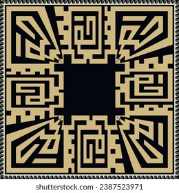 Patrón griego sin fisuras con marco cuadrado de oro de estilo antiguo grecito, olas, líneas, crujías de clave griega sobre fondo negro. Ornamentos de marco de borde dorado abstracto de la tribu de vectores étnicos decorativos.