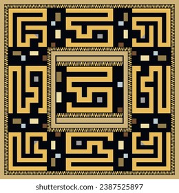 Greek seamless pattern with greece ancient style square golden frame, zipper, lines, greek key meanders on black background. Vector tribal ethnic decorative abstract gold borders frames ornaments.