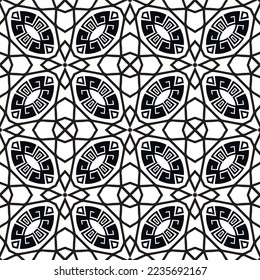Greek seamless pattern. Modern black and white ornamental background. Repeat tribal ethnic  vector backdrop. Geometric design. Arabic style ornaments with greek key, meanders, shapes, lines, flowers.