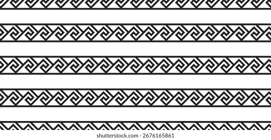 griechisches nahtloses Muster. alte antike Ornamente mit Schlüsselelement. Abstrakte geometrische schwarz-weiße Linie. Vektorhintergrund für das Stofftuch, Keramikboden, Ornament-Textil, Textur