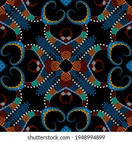 Greek seamless pattern. Ornamental background. Vector ethnic style floral backdrop. Repeat colorful tribal ornaments. Geometric design with greek key, meanders, shapes. Abstract flowers, circles.
