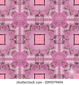 Greek seamless pattern. Vector floral pink background. Tribal ethnic style repeat backdrop. Modern geometric ornaments with abstract flowers, spiral shapes, radial lines, squares. Decorative design.