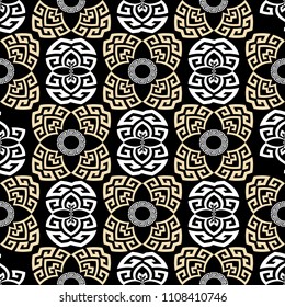 Greek seamless pattern. Vector ornamental geometric background. Greek key, meanders interesting ornament. Geometrical shapes, figures, circles. Decorative design for fabric, wallpapers, printing.