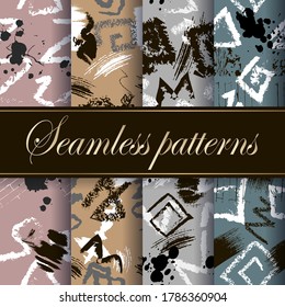 Greek seamless patterns set.  Vector ornamental tribal backgrounds. Grunge repeat backdrops. Hand drawn dirty modern ornaments. Abstract doodle shapes, zigzag lines, splatters. Beautiful collection.