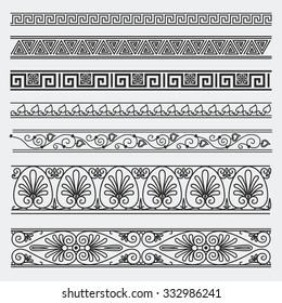 Greek seamless patterns, textures, black on a gray background part 2. Isolated objects. EPS 10.