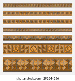 Greek seamless patterns, textures, ornaments, orange on a gray background. Isolated objects. EPS 10.