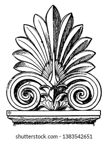 Greek Sepulchral Stele-Crest is a form of akroter, apex, borders, Gable, Sepulchral, stele-crest, Terracotta, vintage line drawing or engraving illustration.