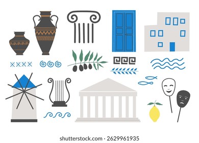 Greek set with acropolis, column, blue door, Greek vases, Mediterranean ornaments, lemon, olive branch, white house from Santorini. Vector illustration for travel, traditions, vacation, holiday, flyer