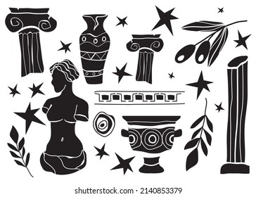 Greek set. Statues, columns, amphorae, vases, olives, a wreath. The culture of Ancient Greece. Vector illustration drawn by hand.