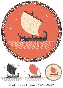 Greek Ship: Stylized illustration of ancient Greek ship in 4 different versions.