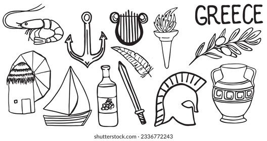 Greek sights. Vector illustration. Shrimp, mill, sail, wine, sword, helmet, Olympic flame, harp, olives, olive branch. Doodle collection. isolated on a white background.