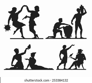 Greek silhouettes. Dancing couple. Slaves with huge and vine or oil vesel. Couple with reed. Young man and sage. Vector.