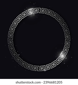Greek silver frame. Circle meander border from a repeated motif. Vector illustration on a black background.