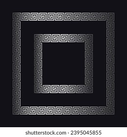 Greek silver frames. Square meander borders from a repeated motif - ancient key design. Vector illustration on a black background.