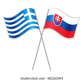 Greek and Slovak crossed flags. Greece combined with Slovakia isolated on white. Language learning, international business or travel concept.
