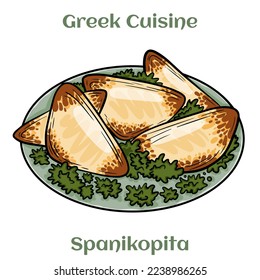 Greek spanakopita or spinach pie. Traditional Greek Cuisine. Isolated vector illustration. 