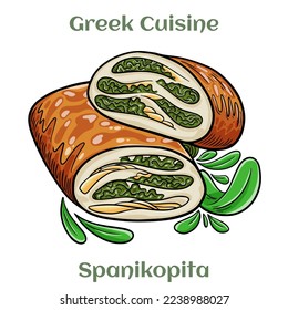Greek spanakopita or spinach pie. Traditional Greek Cuisine. Isolated vector illustration. 