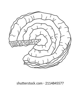 Greek spanakopita or spiral pie made of filo dough, spinach and feta cheese. Vector hand-drawn illustration. Design element for menu cafe, bistro, restaurant. 