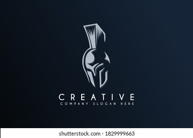 Greek Sparta / Spartan Helmet Warrior logo design vector illustration. Spartan warrior logo isolated on blue background